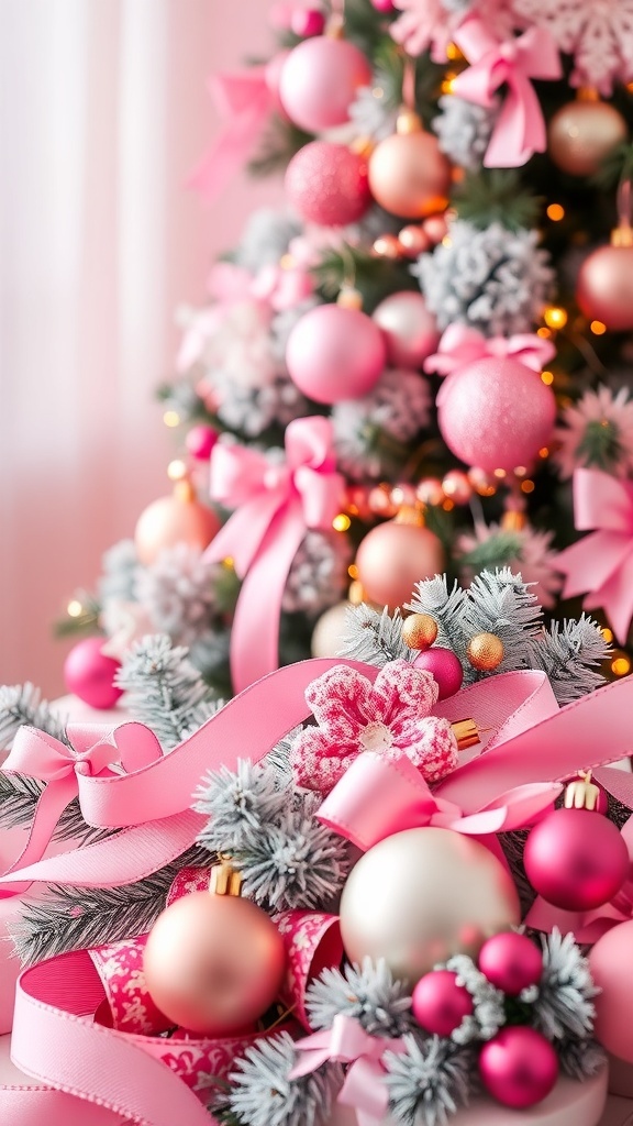 Pink Christmas Quotes Collection A beautifully decorated Christmas tree with pink ornaments and lights, creating a festive holiday scene.